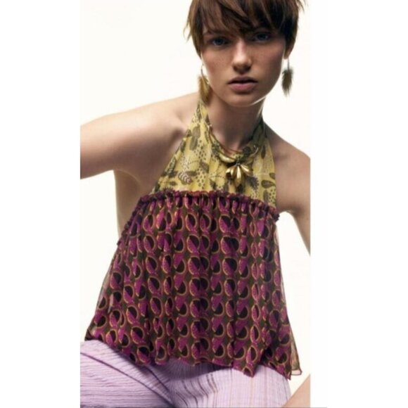 NWT ZARA Halter Top Chiffon Size Medium Backless Geometric Floral Print Boho - Picture 1 of 9